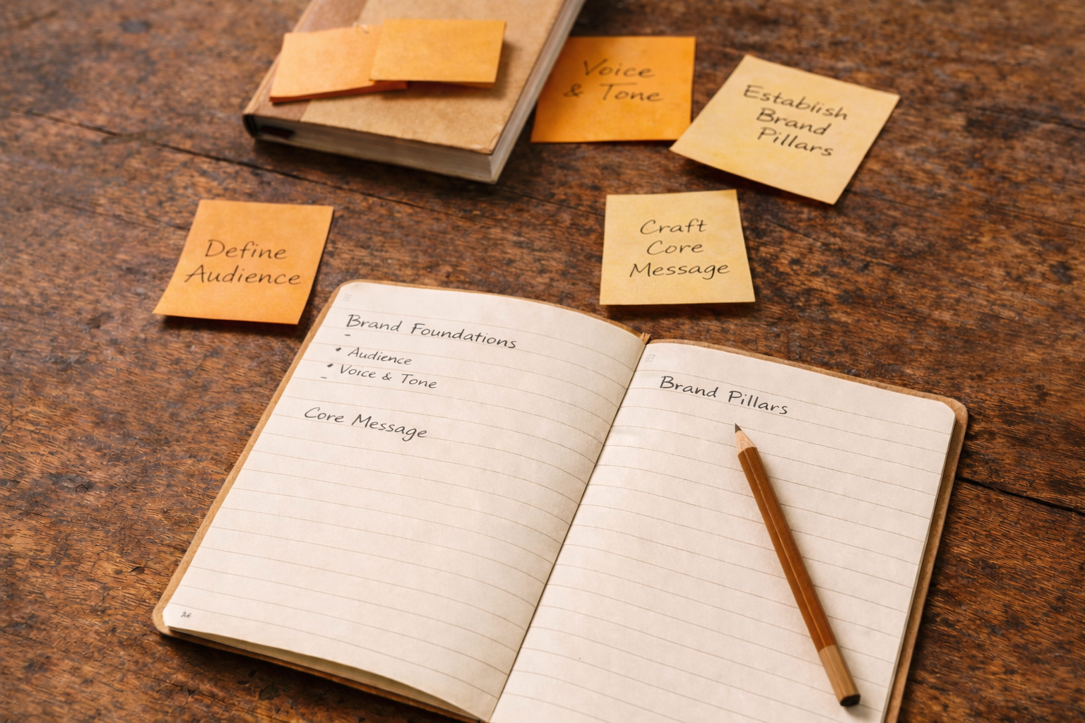 image of brand development process via notes in notebook and on sticky pads