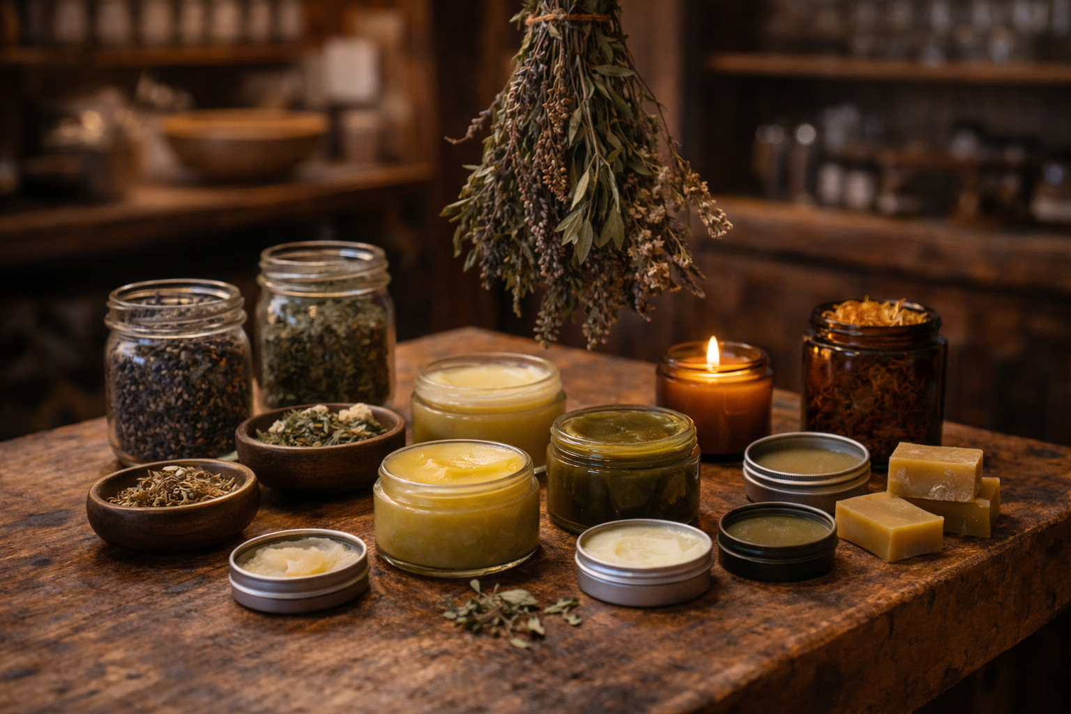 apothecary items on a wooden table