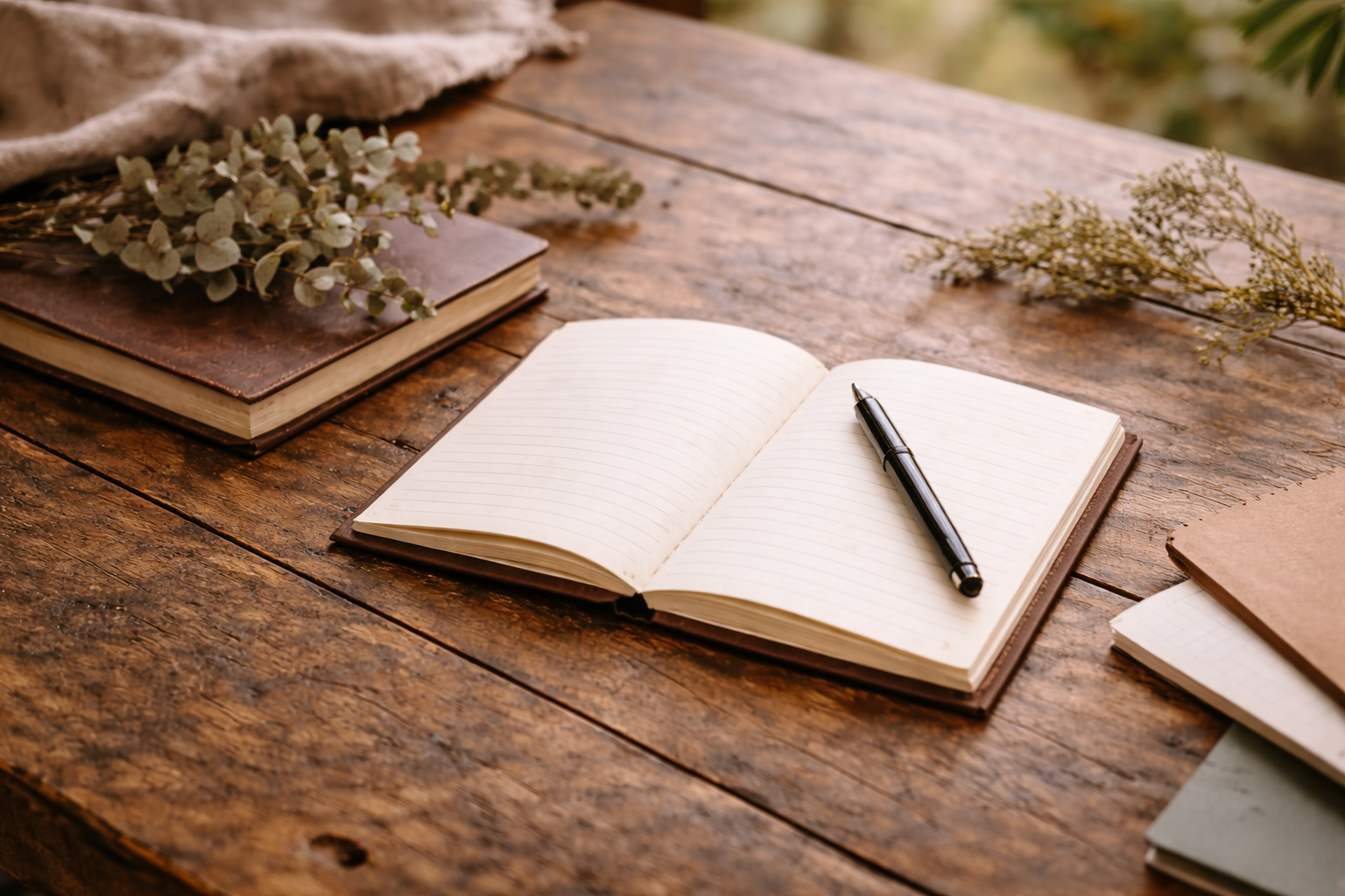 notebook and pen on wooden table